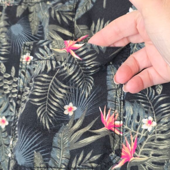 Intro Black & Green Tropical Floral Linen Cropped Flat Pocket Pants Size 14 - Picture 9 of 11